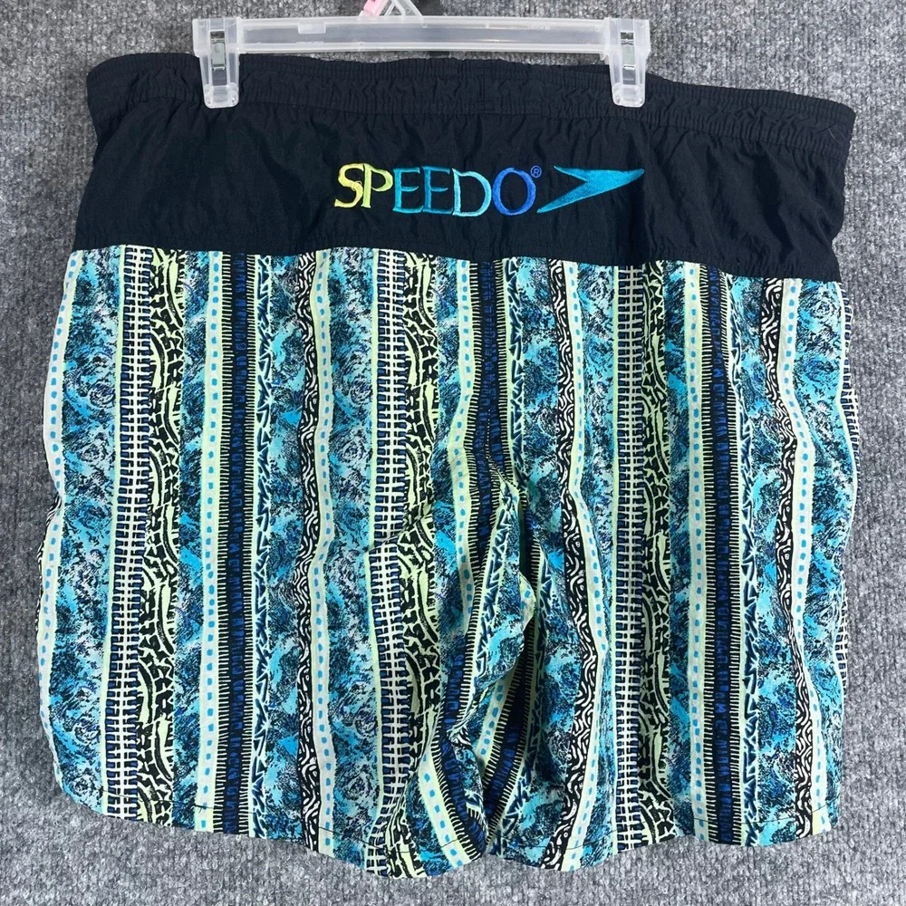 VTG Speedo Swim Trunks Mens Large Blue Geometric Spell Out 90s Surf Beach Retro